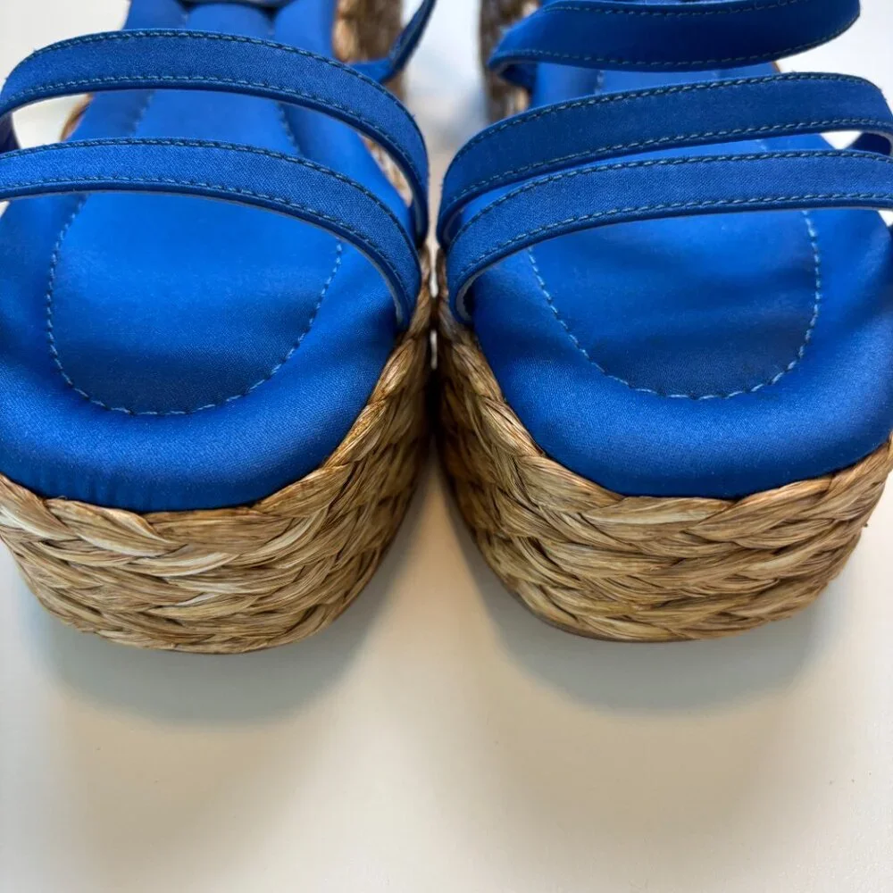 Paloma Barcelo Spain Platform Sandals 37 Blue Satin Raffia Wedge Consign